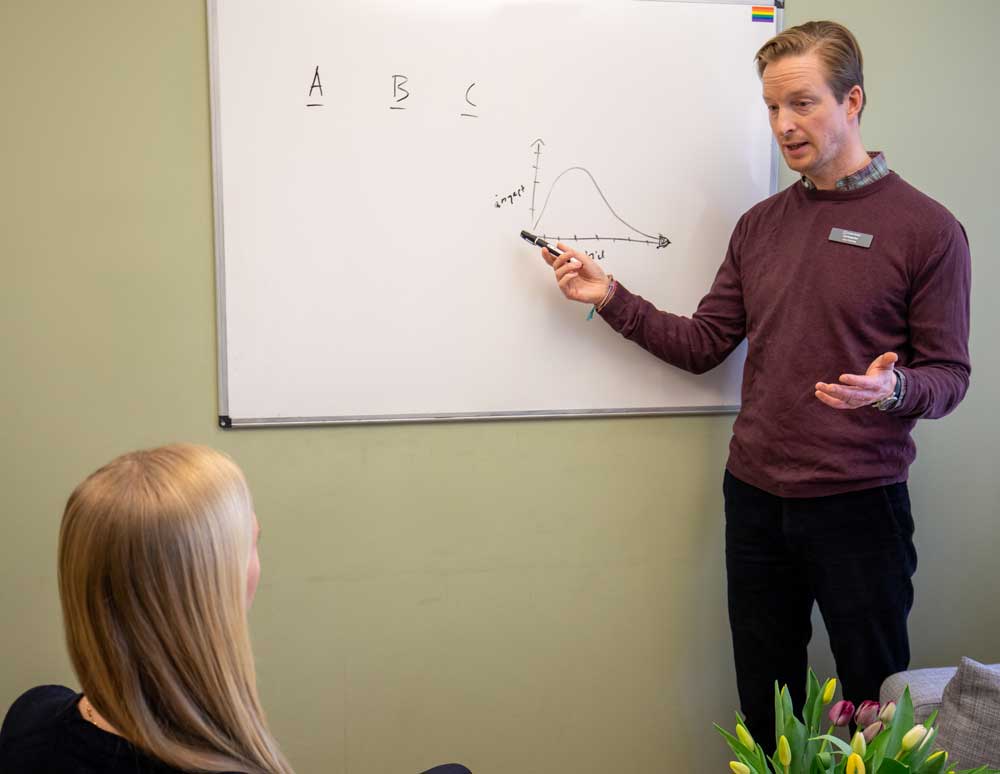 Man som står vid whiteboardtavla